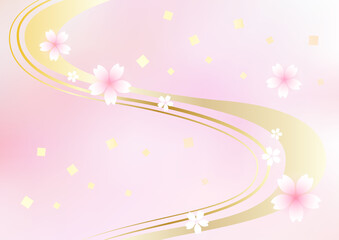 桜と金箔と流水文様風の背景　ベクターイラスト素材（ピンク）