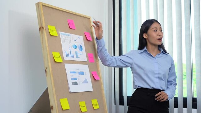 Employees are presenting the company's key performance in terms of financial information to their colleagues at the meeting room.