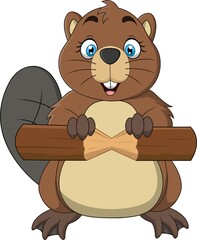 Cartoon cute baby beaver holding piece of wood © tigatelu