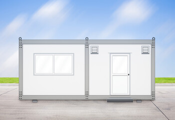 Portable office container or prefabricated modular building. That mobile workspace or temporary work area for construction site. Consist of metal box, door, window and ventilation fan. Illustration.