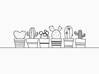 isolated black line cartoon cute potted cactus hand drawing for background, wallpaper, banner, label etc. vector design.