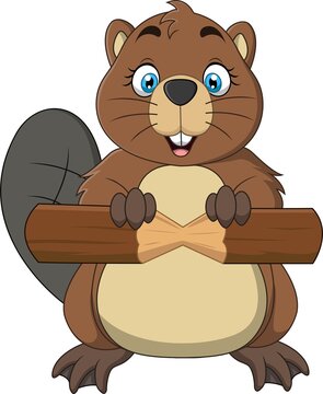 Cartoon Cute Baby Beaver Holding Piece Of Wood