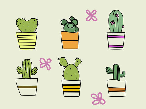 isolated colourful cartoon cute potted cactus hand drawing for background, wallpaper, banner, label etc. vector design.