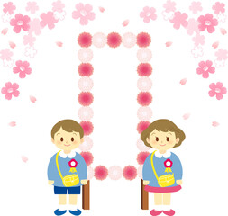 イラスト素材：桜満開の中で看板前で男児と女児が記念撮影する春のイメージ
