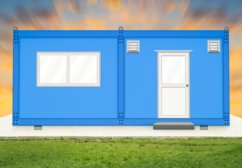 Portable office container or prefabricated modular building. That mobile workspace or temporary work area for construction site. Consist of metal box, door, window and ventilation fan. Illustration.