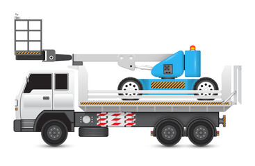 Obraz premium Straight telescopic boom lift or cherry picker vector design. Aerial work platform, elevator or construction machine equipment for worker working at height level. To delivery transportation by truck. 