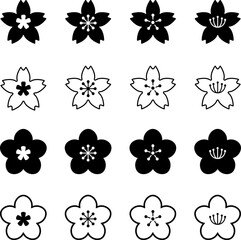 Fototapeta premium モノクロの桜の花のアイコンセット ベクターイラスト