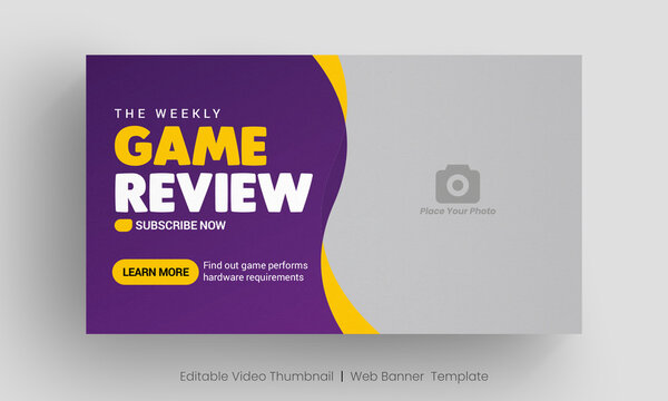 Video game review video thumbnail and web banner template. Editable video cover photo design for social media