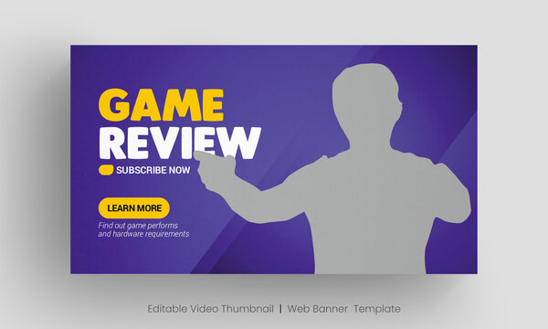 Video Game Review Video Thumbnail And Web Banner Template. Editable Video Cover Photo Design For Social Media