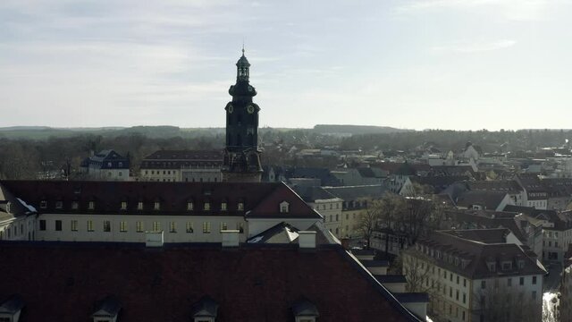 Drone Aerial footage of Weimar on a sunny spring day. Weimer is city in Germany and a former cultural capital of Europe.