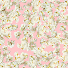 Cooked popcorn seamless pattern on pink background