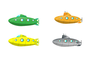 4 versions of cartoon submarines.Yellow, green and brown submarine on white background Flat design style Vector illustration. Submarines are constructed from vectors.