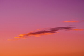 This image shows a lone cloud in a pink and purple sky, colored by an epic setting sun.