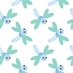 Seamless background for sewing children's clothing with a dragonfly. Cute dragonfly on a white background.