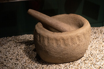 An Indian stone grinding bowl in a museum in Astoria, Oregon