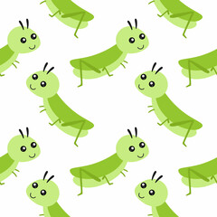 Seamless background for sewing children's clothing with a green grasshopper. Background with a grasshopper for sewing clothes, printing on fabric and packaging paper.