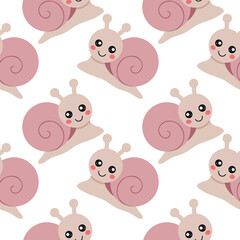 Endless background with cute snail. Seamless pattern for sewing children's clothing, printing on fabric and cover.