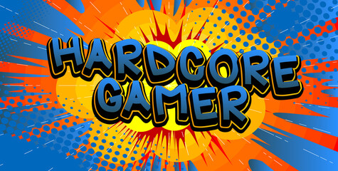 Pc or Console gaming, Gamer related words, quote on Comic book style background. Poster, banner, template. Cartoon explosion expression. Vector illustrated.