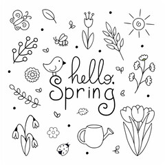 A set of elements for spring in the style of doodle. Coloring book for kids with flowers, insects and nature. Vector element for the design of a postcard. Decor for the holiday of March 8.