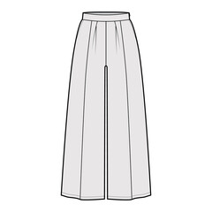 Pants gaucho technical fashion illustration with low waist, rise, single pleat, ankle cropped length, seam pockets. Flat trousers apparel template grey color. Women, men, unisex CAD mockup