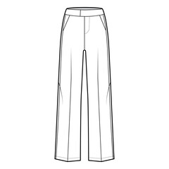 Pants tuxedo technical fashion illustration with extended low waist, rise, full length, slant pockets, side satin stripe. Flat trousers bottom apparel template white color. Women men unisex CAD mockup