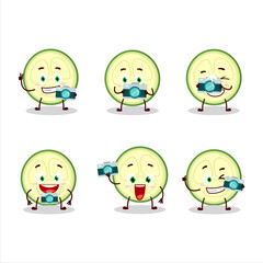 Photographer profession emoticon with slice of zucchini cartoon character