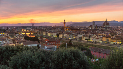 Fototapeta na wymiar Sunset over Florence, Italy, from Piazzale Michelangelo lookout