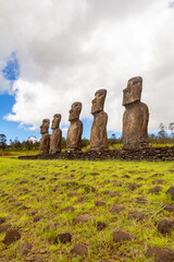 Lined up old Moais located in the Rapa Nui National Park, Easter Island