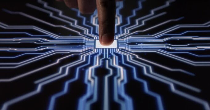 Super Computer Turning On With Biometric Scanning Technology. Circuits Activated By AI High Tech Computer.