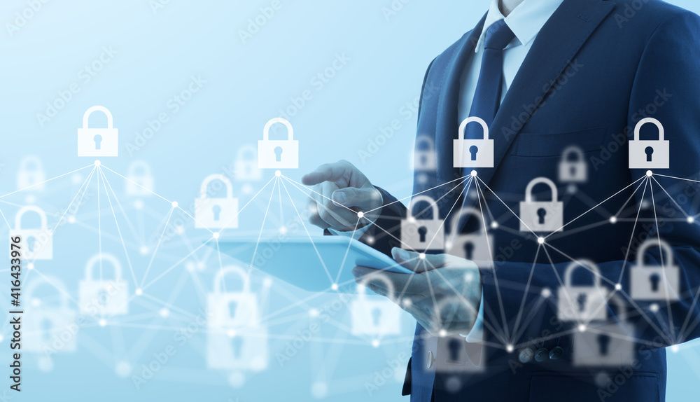 Poster Network security and internet. Businessperson using tablet computer for internet.