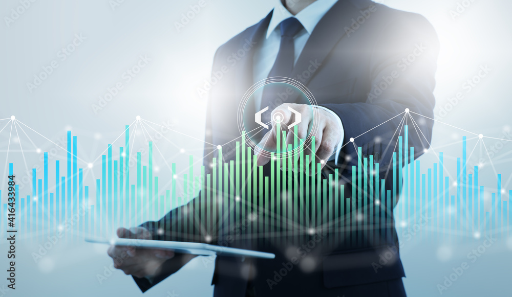 Aufkleber Web analytics. Businessperson touching and accessing network. Network structure and graph.