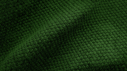 close up texture dark green fabric of sackcloth drapery, photo shoot by depth of field for object. wavy soft and smooth green fabric background. macro view of cashmere fabric.