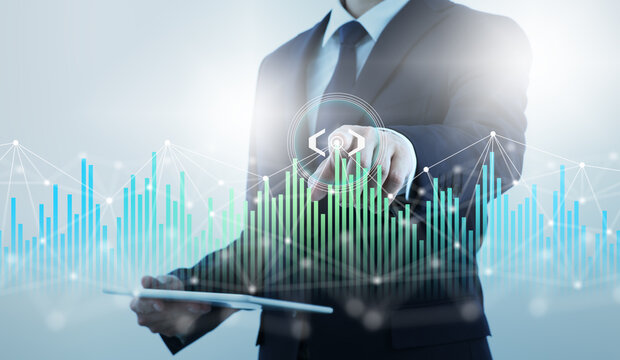 Web analytics. Businessperson touching and accessing network. Network structure and graph.