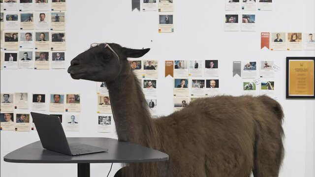 Curious llama chewing by an office table with a laptop,wearing glasses.