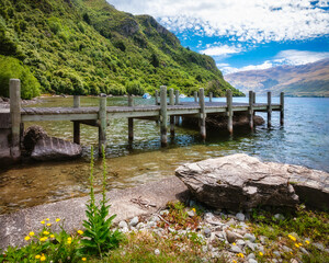 Jetty at the Southern end of Lake Wakatipu at Kingston in Otago region, New Zealand, South Island.