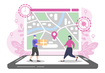 Flat Illustration of Online Delivery for Order Tracking, Courier Service, Goods Shipping, City Logistics using a Motorcycle and Truck