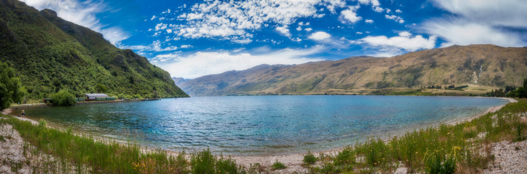 Lake Wakatipu Panorama at the Southern end near Kingston in Otago region, New Zealand, South Island.