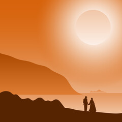 two people in love at sunset on the beach illustration vector.