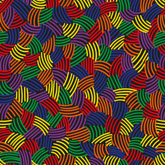 Vector seamless multicolor LGBT pattern with handmade lines. Neon ornament with 6 colors on black background. Illustration for print
