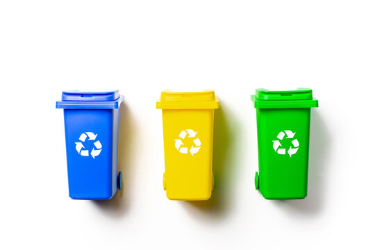 Trash bin. Yellow, green, blue dustbin for recycle plastic, paper and glass can trash isolated on white background. Container for disposal garbage waste and save environment.