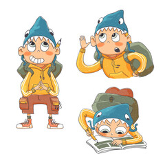 Cute character drawn in comic style with a backpack in a shark-shaped hat. Several poses of a boy on a white background.