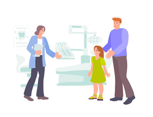 Welcome Dental Care. Children's dentist and happy patient with daddy.