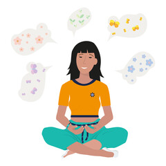Young woman meditates while sitting in the lotus position. Relaxation and meditation concept. Release and purification of thoughts. Healthy lifestyle, sports and yoga. Vector