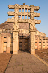 Sanchi / India 18 October 2017  The Western Gateway of Great Stupa Buddhist Architecture at sanchi Madhya Pradesh India