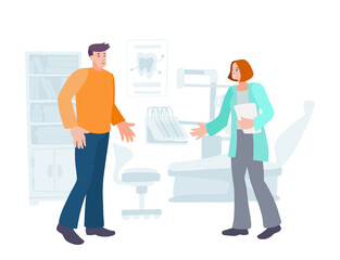 Dentist welcomes young man patient into the dental clinic.