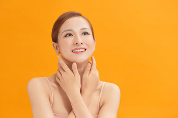 happy pretty woman enjoy healthy soft moisturized hydrated skin, facial skincare rejuvenation moisture spa everyday treatment concept