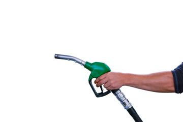Naklejka premium Man holds a refueling gun in his hand for refueling cars isolated on white background. Gas station with diesel and gasoline fuel close-up.