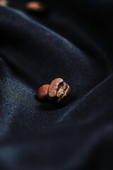 A tiny coffee beans on the dark blue cloth