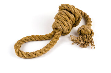Hemp rope tied in a loop on a white background.