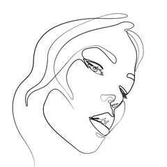 Woman abstract portrait, continuous line drawing, face of the girl is a single line on a white background, Vector illustration. Tattoo, print and logo design for a spa or beauty salon. Line art.